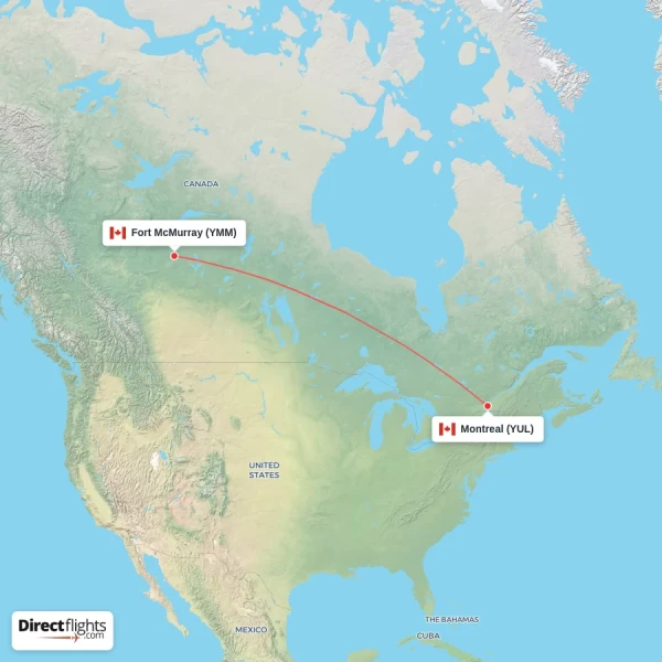 Montreal - Fort McMurray direct flight map