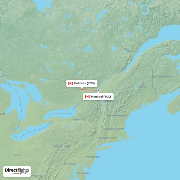 Montreal - Gatineau direct flight map