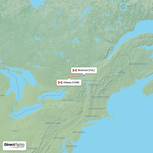 Montreal - Ottawa direct flight map