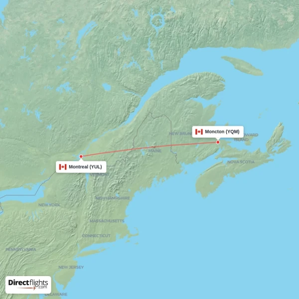 Montreal - Moncton direct flight map
