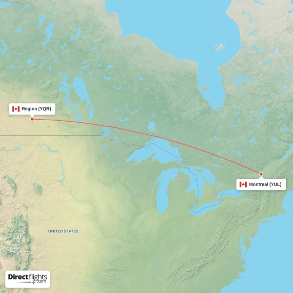 Montreal - Regina direct flight map