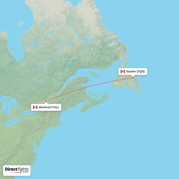 Montreal - Gander direct flight map