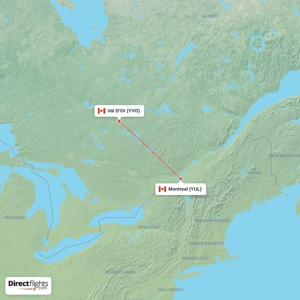 Montreal - Val D'Or direct flight map