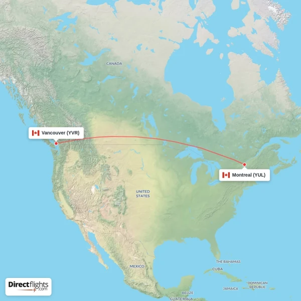 Montreal - Vancouver direct flight map