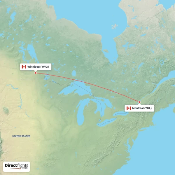 Montreal - Winnipeg direct flight map