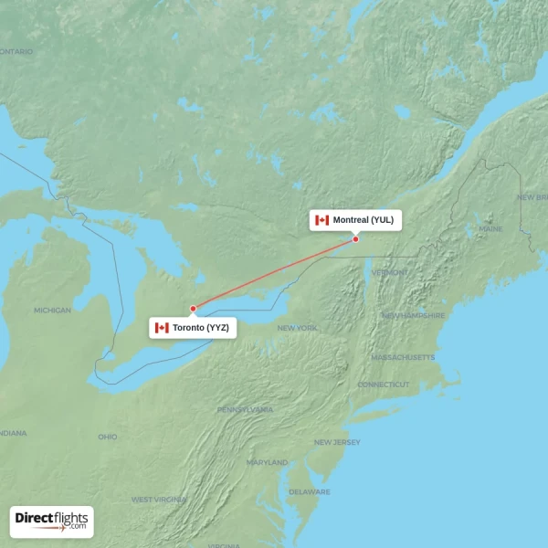 Montreal - Toronto direct flight map
