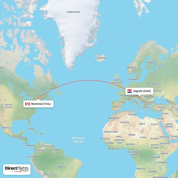 Montreal - Zagreb direct flight map