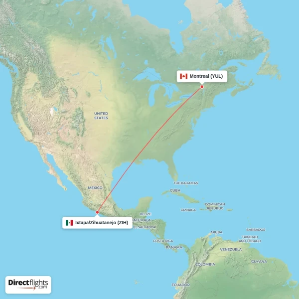 Montreal - Ixtapa/Zihuatanejo direct flight map