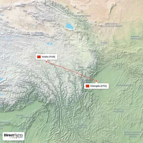 Yushu - Chengdu direct flight map