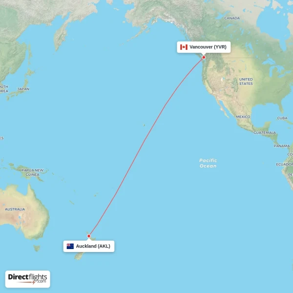 Vancouver - Auckland direct flight map