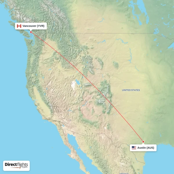 Vancouver - Austin direct flight map