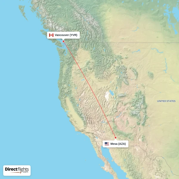 Vancouver - Mesa direct flight map