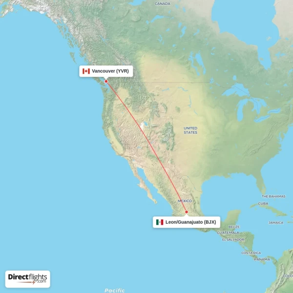 Vancouver - Leon/Guanajuato direct flight map