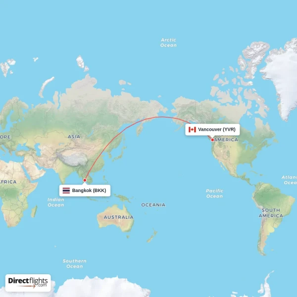 Vancouver - Bangkok direct flight map