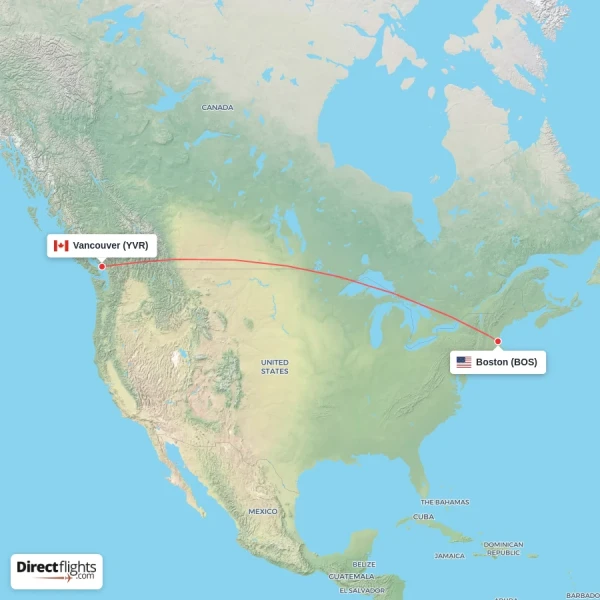 Vancouver - Boston direct flight map