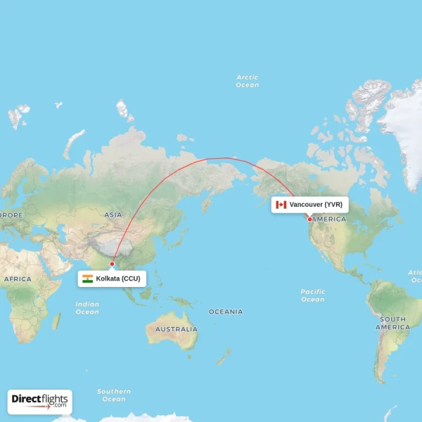Vancouver - Kolkata direct flight map
