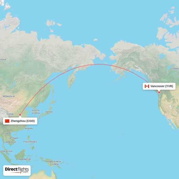 Vancouver - Zhengzhou direct flight map