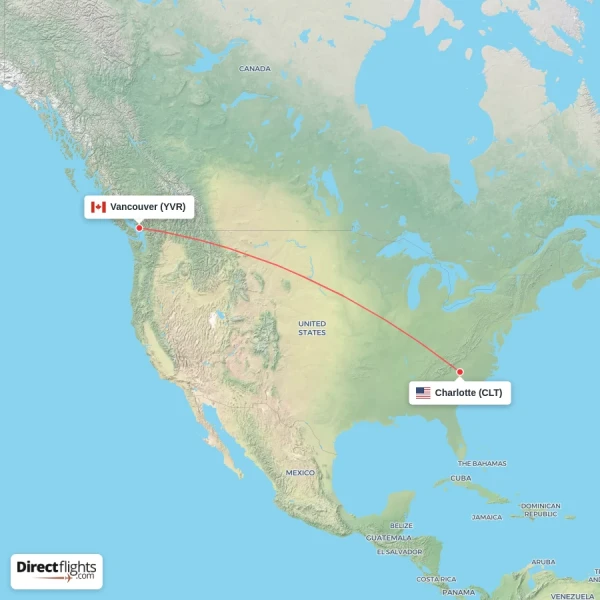 Vancouver - Charlotte direct flight map