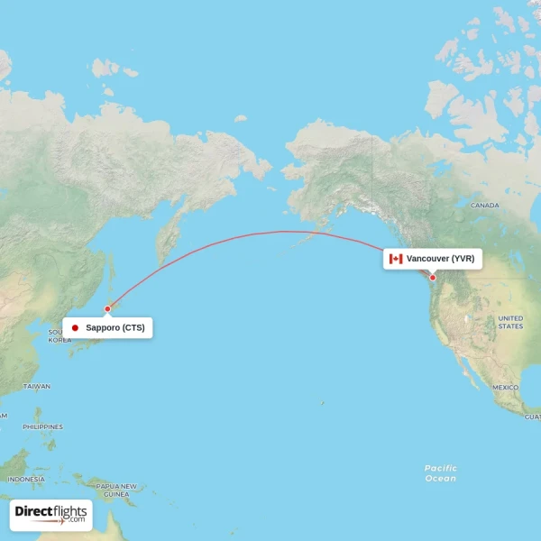Vancouver - Sapporo direct flight map