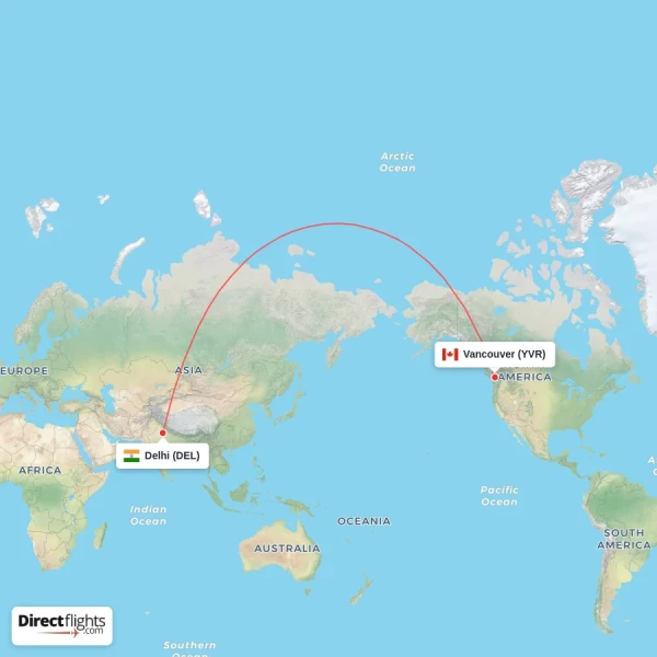 Vancouver - Delhi direct flight map