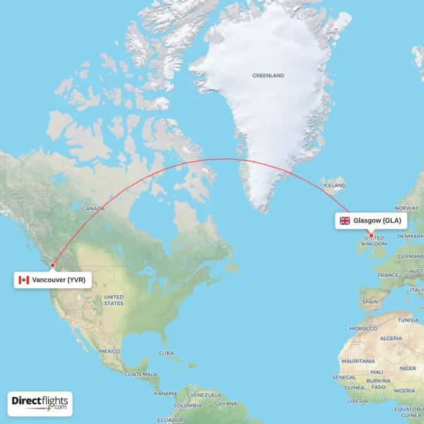 Vancouver - Glasgow direct flight map