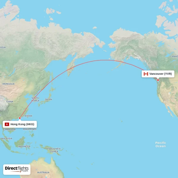 Vancouver - Hong Kong direct flight map