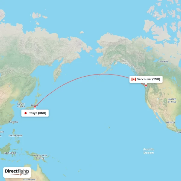 Vancouver - Tokyo direct flight map