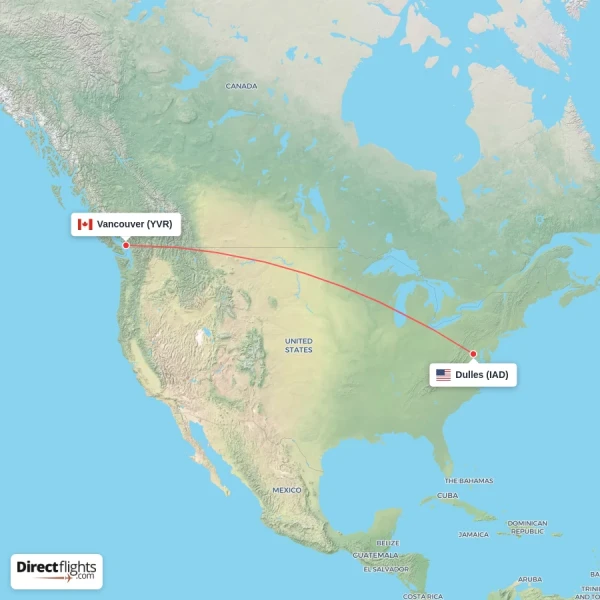 Vancouver - Dulles direct flight map