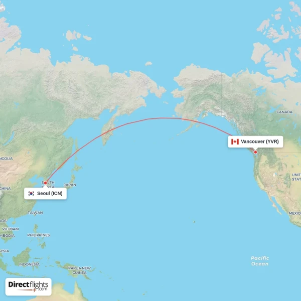 Vancouver - Seoul direct flight map