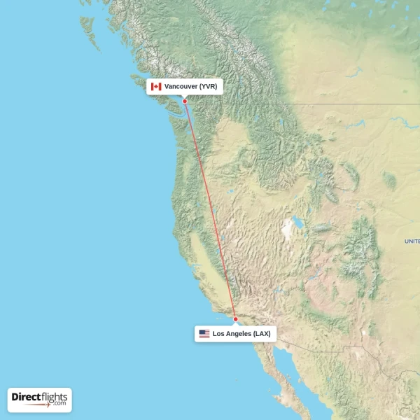 Vancouver - Los Angeles direct flight map