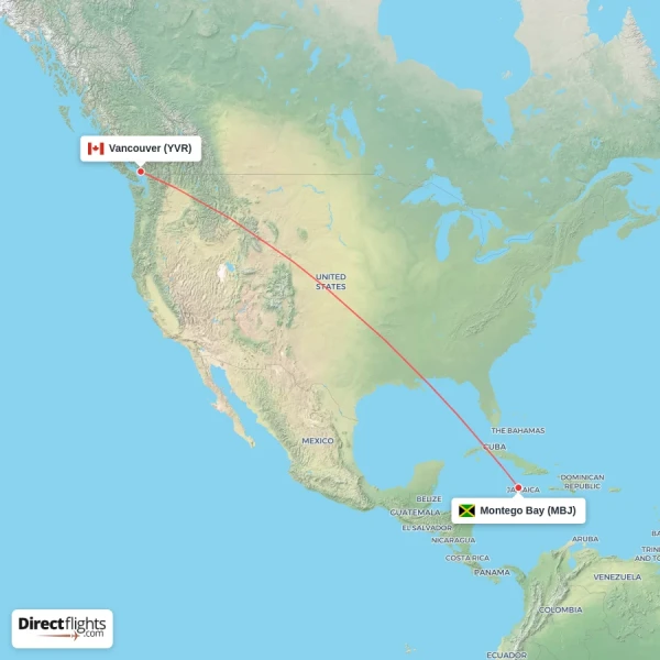 Vancouver - Montego Bay direct flight map