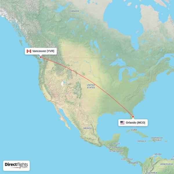 Vancouver - Orlando direct flight map