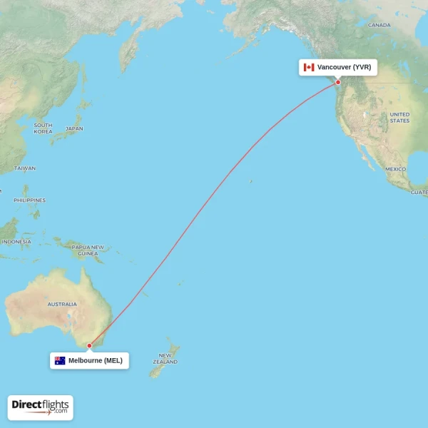 Vancouver - Melbourne direct flight map
