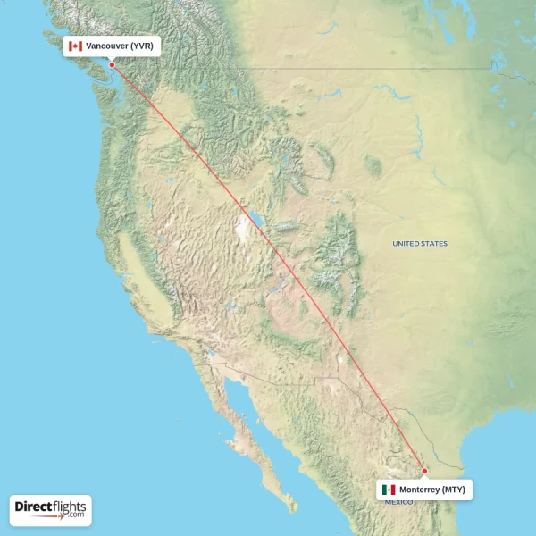 Vancouver - Monterrey direct flight map