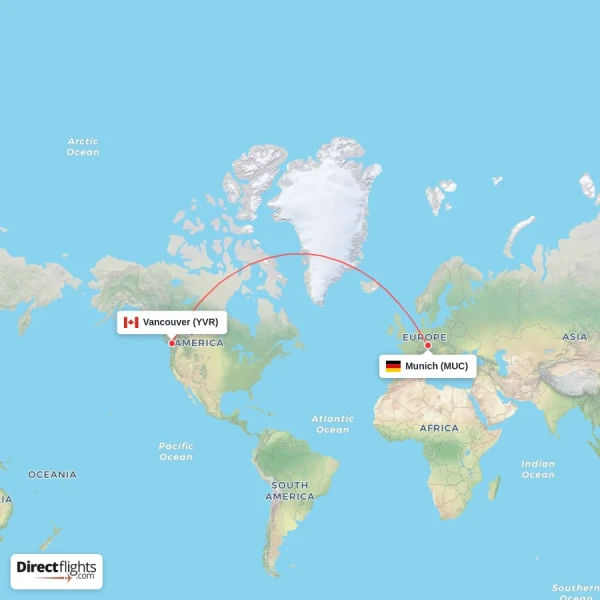 Vancouver - Munich direct flight map