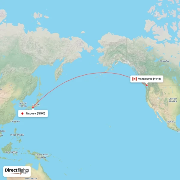 Vancouver - Nagoya direct flight map