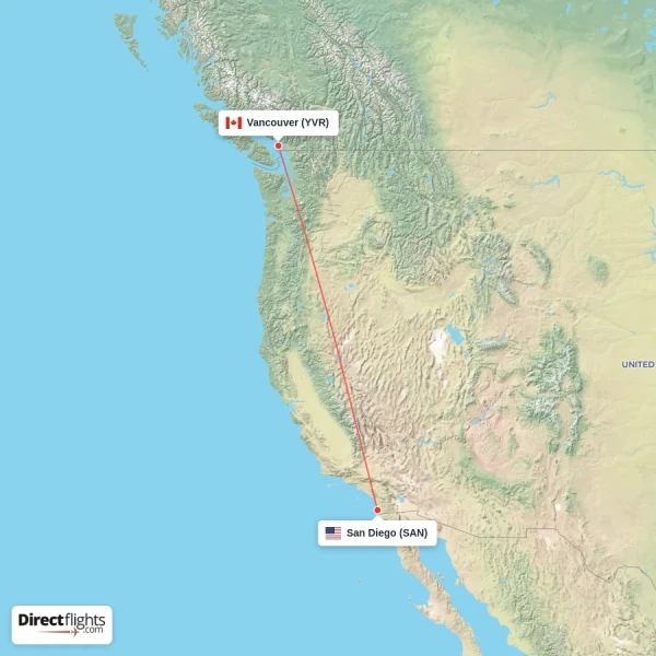 Vancouver - San Diego direct flight map