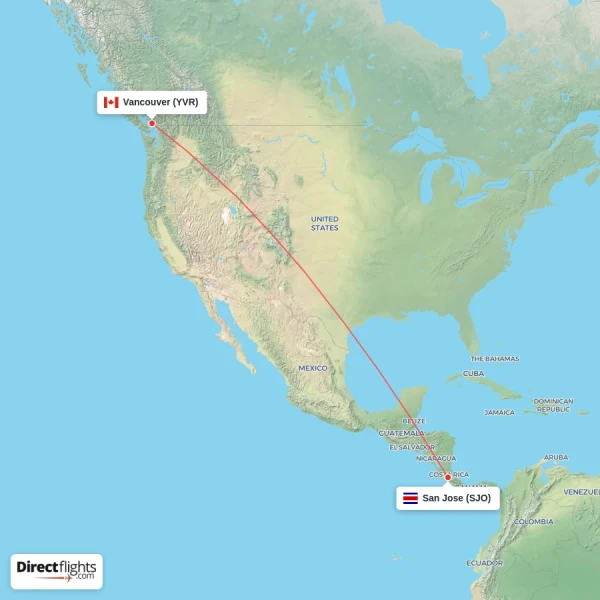 Vancouver - San Jose direct flight map