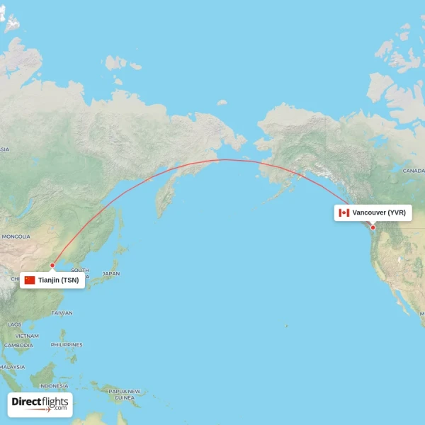 Vancouver - Tianjin direct flight map