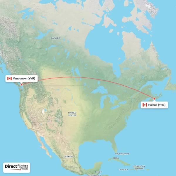 Vancouver - Halifax direct flight map