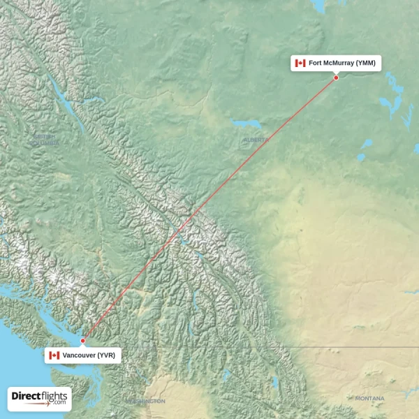 Vancouver - Fort McMurray direct flight map