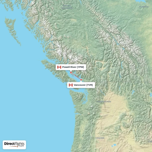 Vancouver - Powell River direct flight map