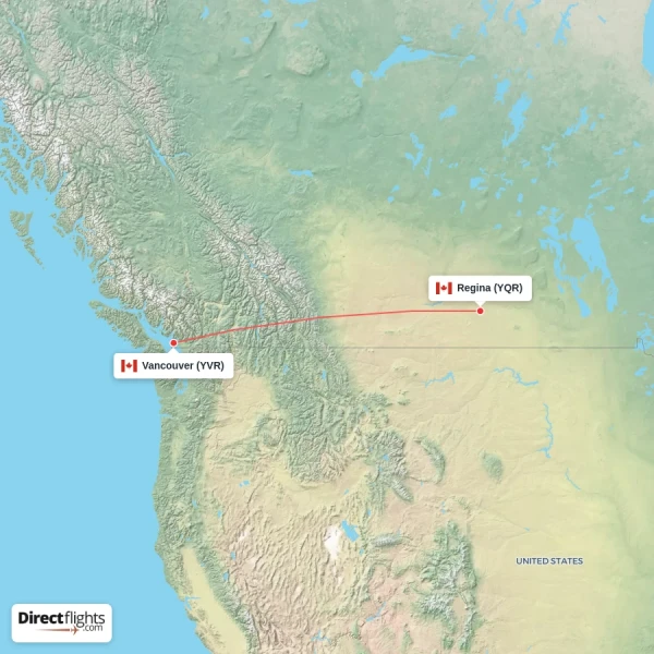 Vancouver - Regina direct flight map