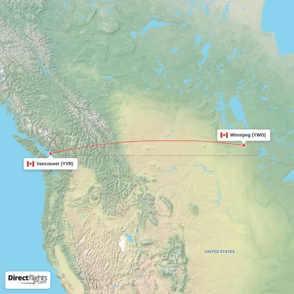 Vancouver - Winnipeg direct flight map