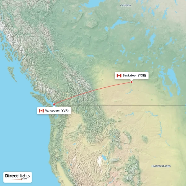 Vancouver - Saskatoon direct flight map
