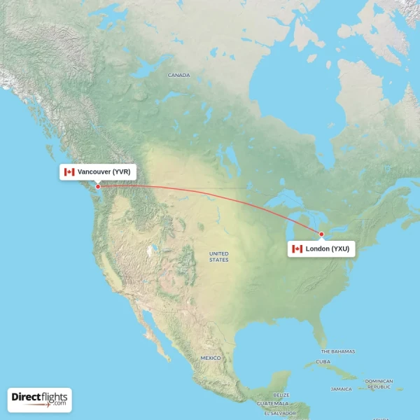 Vancouver - London direct flight map