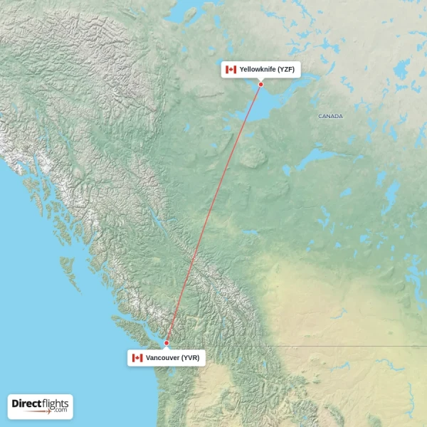 Vancouver - Yellowknife direct flight map