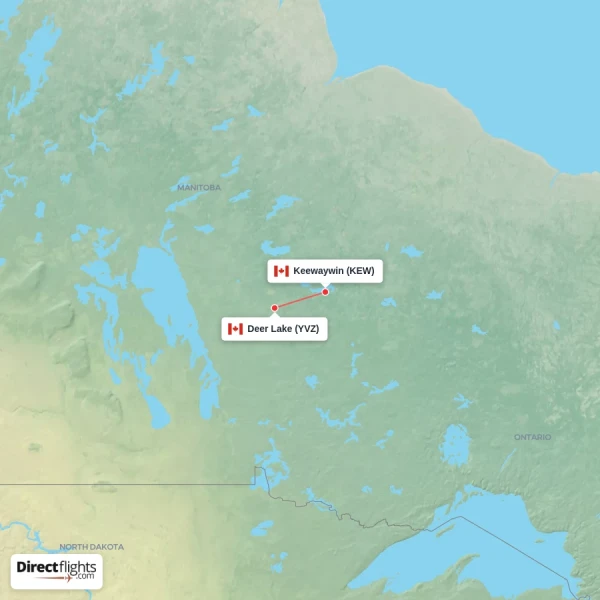 Deer Lake - Keewaywin direct flight map