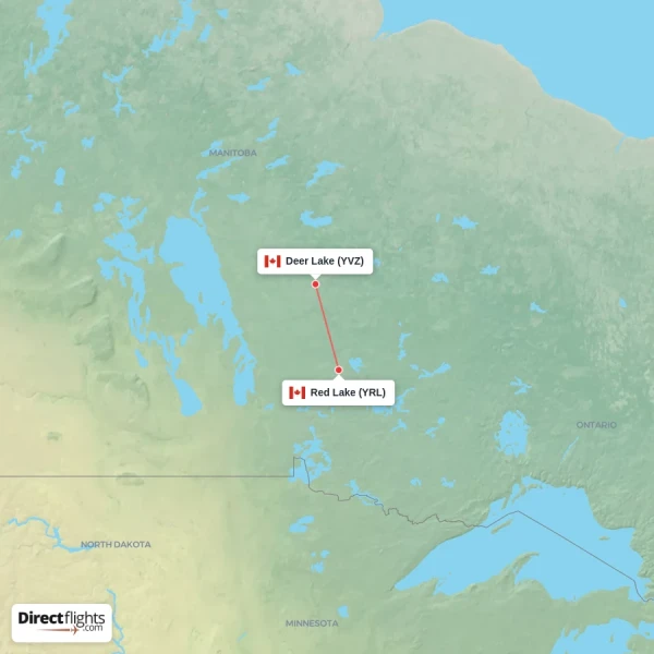 Deer Lake - Red Lake direct flight map