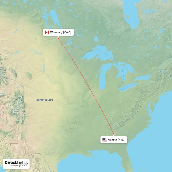 Winnipeg - Atlanta direct flight map